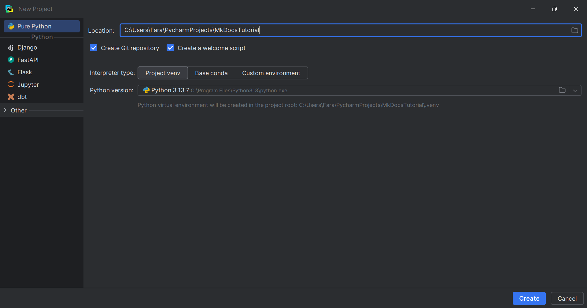 Set details for new project from New Project window