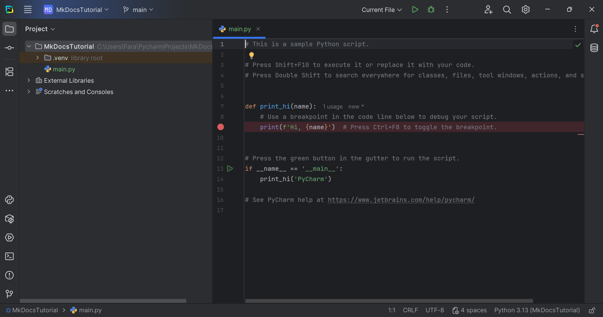 A new PyCharm project with Git repository and a welcome script named main.py
