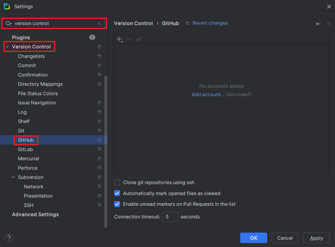 Settings menu highlighting GitHub