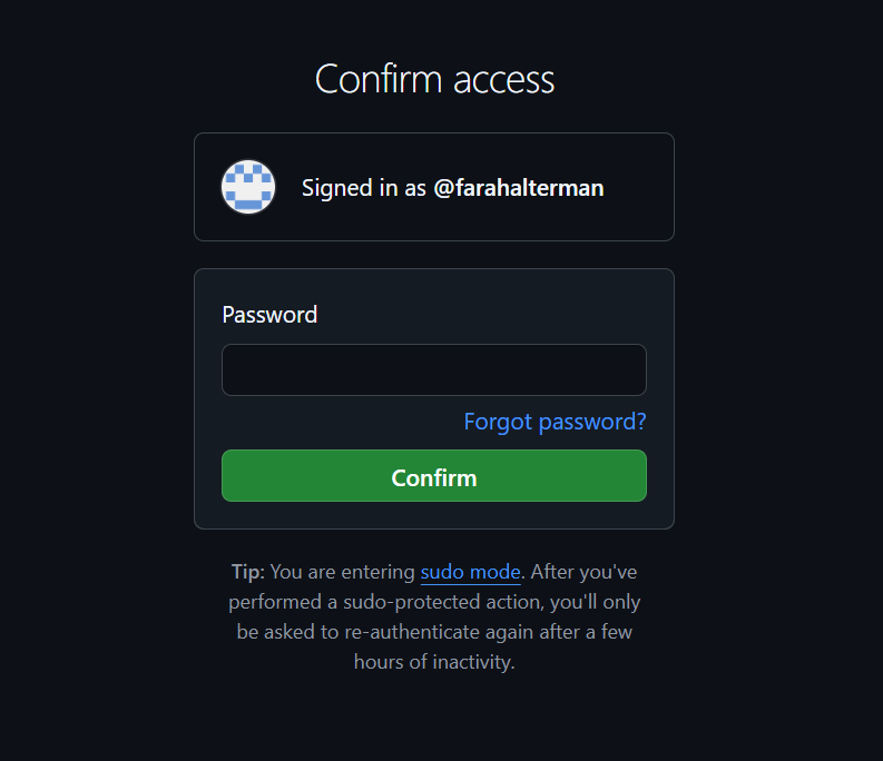 GitHub's Confirm Access webpage