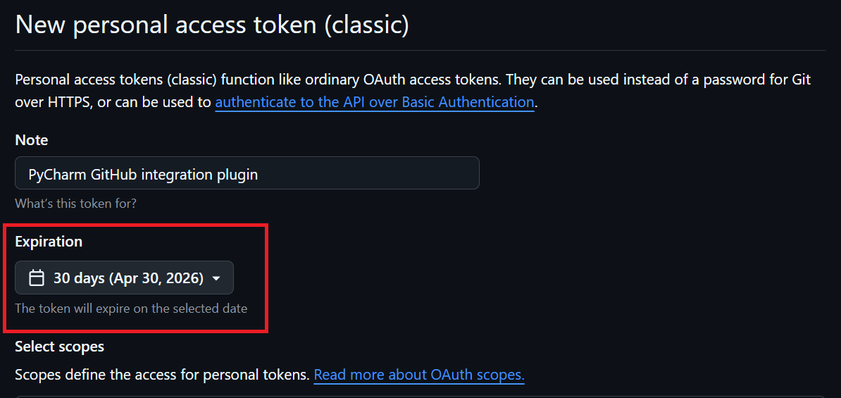 Setting token expiration date on Github